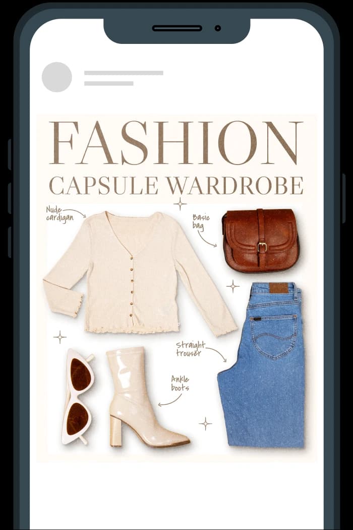 A phone showing an InspoTap profile: a flat lay of a nude cardigan, basic bag, straight trouser jeans, ankle boots, and sunglasses, each with a shoppable hotspot pin